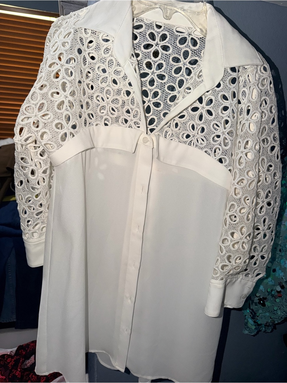 Women’s White Lace Insert Button-Front Blouse